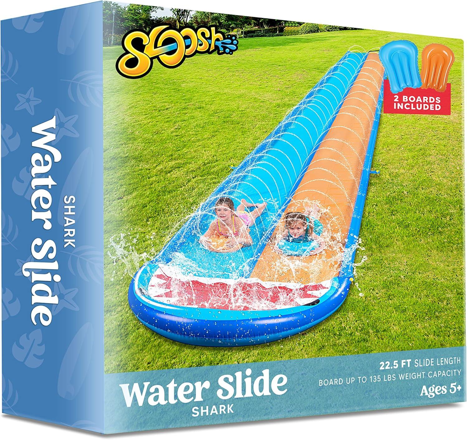 imageSloosh Shark Double Water Slide 225ft Heavy Duty Lawn Water Slip with Sprinkler Slide and 2 Slip Inflatable Boards for Party Summer Yard Lawn Outdoor Play Activities
