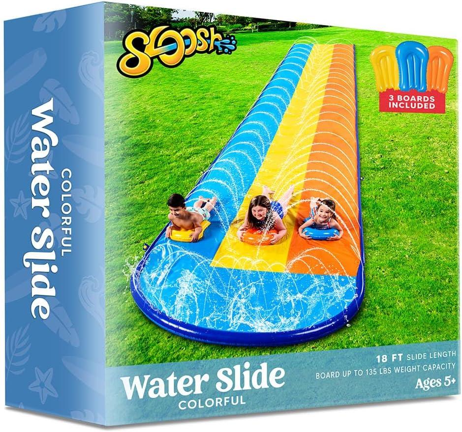 imageSloosh Triple Water Slide with 3 BodyBoards 225FT Lawn Water Slip Splash Pad Slide Summer Toy with Build in Advanced Sprinkler for Kids Adults Backyard Summer Water Fun18FT