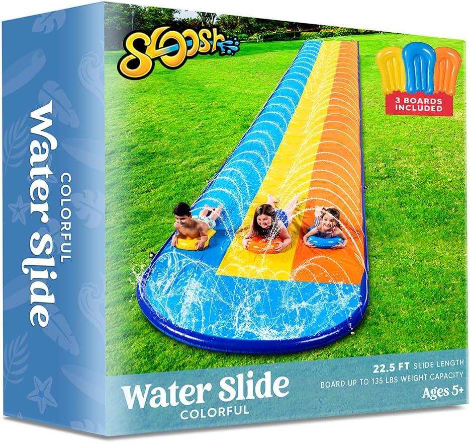 imageSloosh Triple Water Slide with 3 BodyBoards 225FT Lawn Water Slip Splash Pad Slide Summer Toy with Build in Advanced Sprinkler for Kids Adults Backyard Summer Water Fun225FT