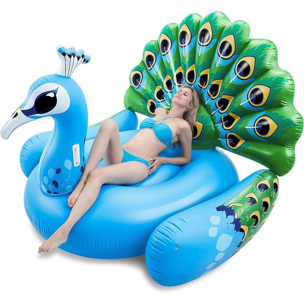 imageJOYIN Inflatable Peacock Pool Float Giant Peacock Fun Beach Floaties Pool Party Decorations Adult Size Inflatable Animal Summer Swim Pool Raft Lounge for AdultsBlue Peacock