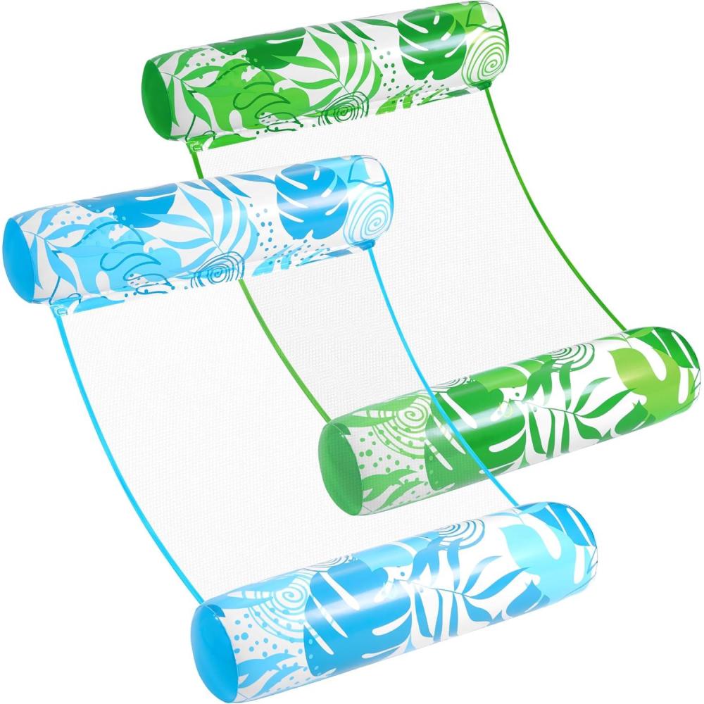 imageSLOOSH 2 Packs Hammock Pool Floats Adults 4in1 MultiPurpose Inflatable Pool Floats PVC Water Hammock Lounge FloatiesTropical LeavesBlue Green
