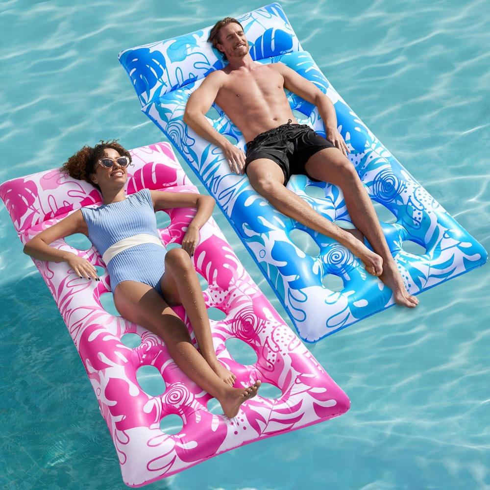 imageSLOOSH 2Pack Inflatable Pool Floats Mat XL Pool Floaties Adults Size with Headrest Sun Tanning Raft Lake Beach Swimming Pool Party Toys Floating Lounge Above Water Keep CoolBluePink