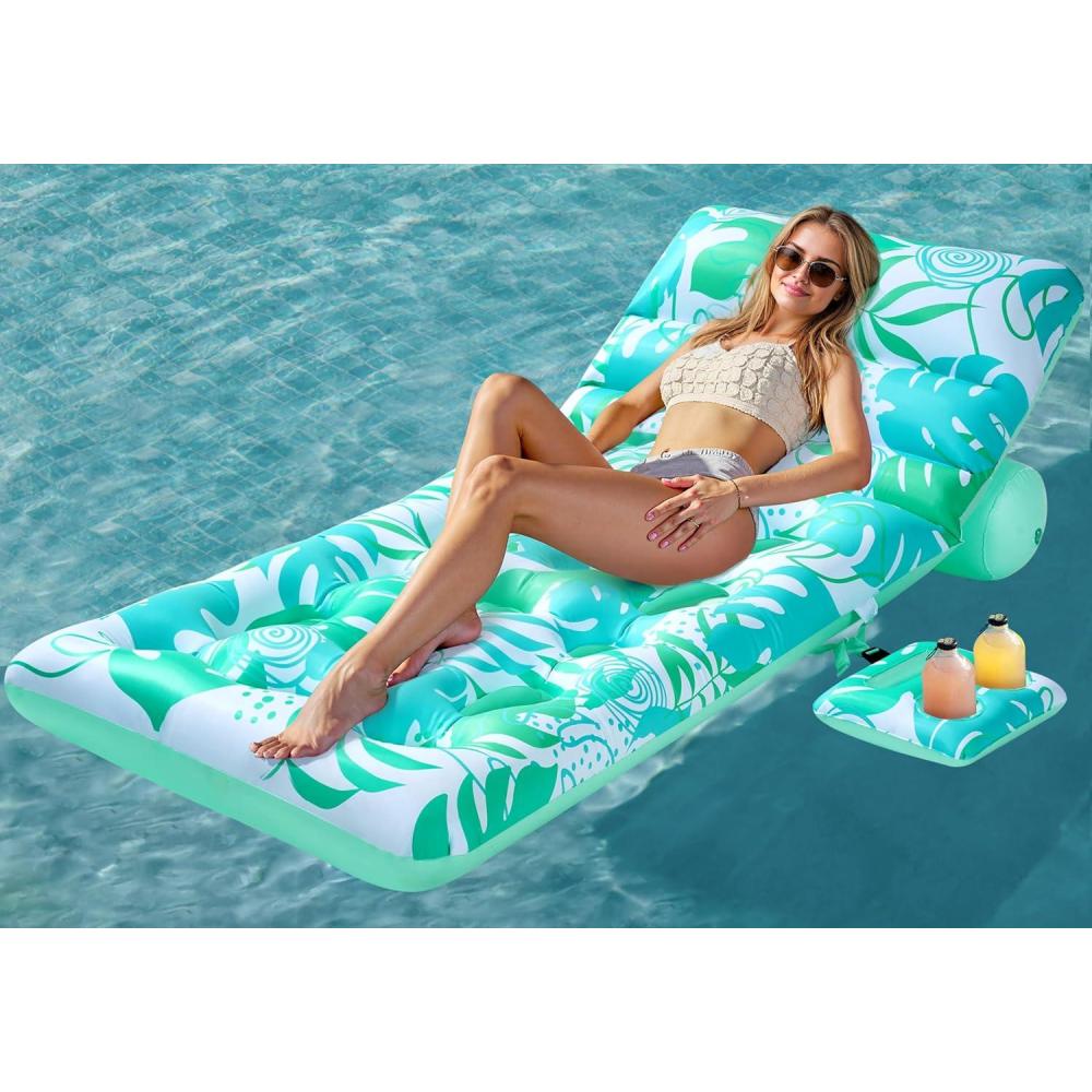 imageSLOOSH Adjustable Backrest Pool Floats Tropical Leaves Pool Lounger Floaties Adults with Cup Holders Inflatable Tanning Float Rafts Chair Beach Lake Lounge Floating Above Water Keep Cool PinkCyan