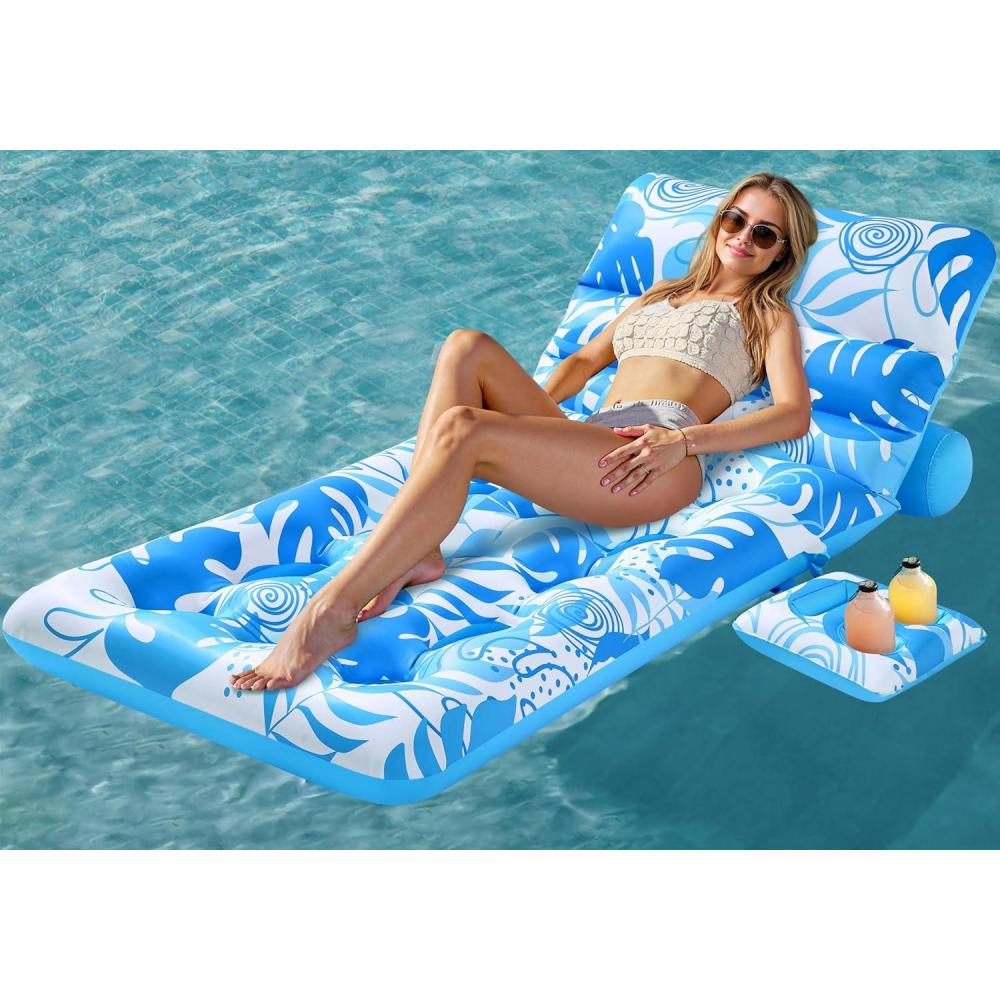 imageSLOOSH Adjustable Backrest Pool Floats Tropical Leaves Pool Lounger Floaties Adults with Cup Holders Inflatable Tanning Float Rafts Chair Beach Lake Lounge Floating Above Water Keep Cool PinkBlue