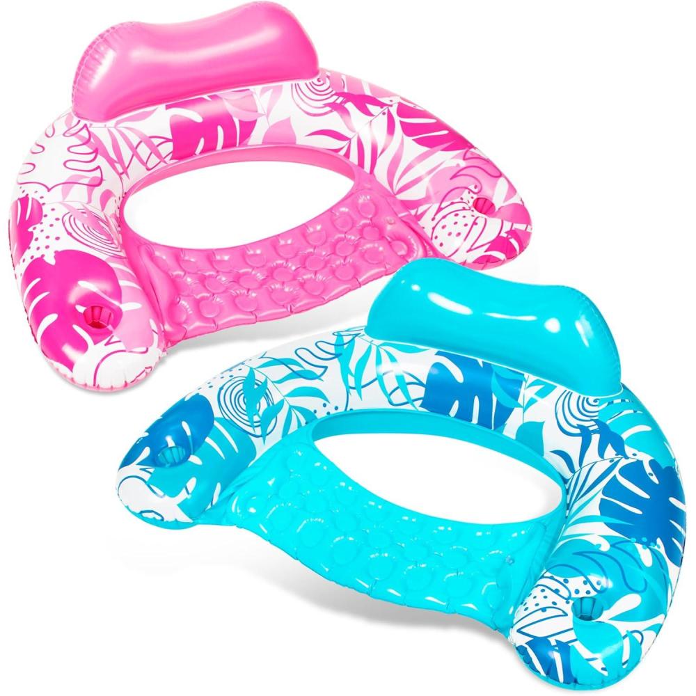 imageSLOOSH Inflatable Pool Floats Adult2 Pack Pool Chairs with Cup HoldersBlow up Floats ChairHammock Noodle Mat for Relaxing Summer Water Fun Swimming Party BeachLeaves Design Blue Pink