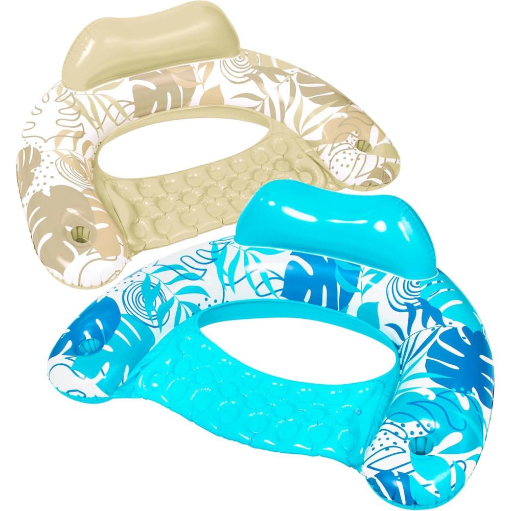 imageSLOOSH Inflatable Pool Floats Adult2 Pack Pool Chairs with Cup HoldersBlow up Floats ChairHammock Noodle Mat for Relaxing Summer Water Fun Swimming Party BeachLeaves Design Blue Champagne