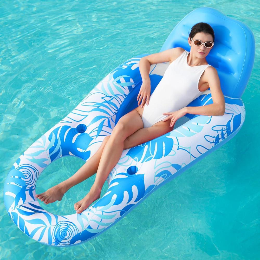 imageSLOOSH Inflatable Pool Floats Lounger Adult Pool Float Lounge Raft Floaties Water Floating Recliner Chair with Cup Holders Foot Rest Swimming FloatyBlue