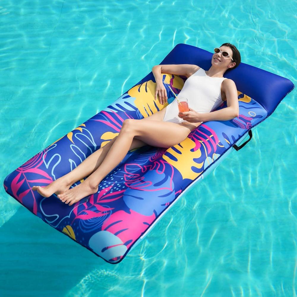 imageSLOOSH Inflatable Pool Floats Raft XL Fabric Covered Pool Mat Lounger Floaties for Adults Ultra Comfort Inflatable Water Float with Headrest for Beach Lake Swimming Pool Floating 68X34 PinkBlue