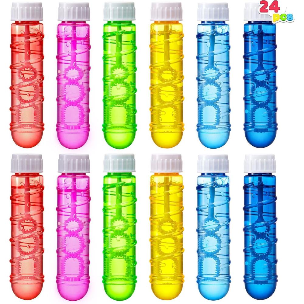 imageSloosh 24 Pack 2oz Bubble Liquid Clear Bottle with Wand Set for Kids Summer Bubble Fun Activity Easter and Assortment Party FavorsWhorl