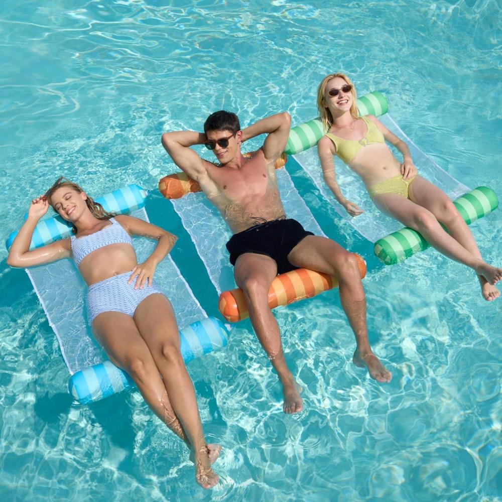 imageSloosh 3 Pack Inflatable Pool Float Hammock Water Lounges MultiPurpose Swimming Pool Accessories Saddle Lounge Chair Hammock Drifter Lake Outdoor BeachOrangeGreenBlue