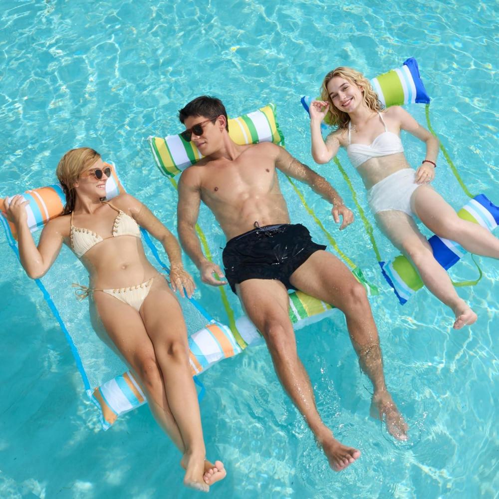 imageSloosh 3 Pack Inflatable Pool Float Hammock Water Lounges MultiPurpose Swimming Pool Accessories Saddle Lounge Chair Hammock Drifter Lake Outdoor BeachDark BlueYellowOrange