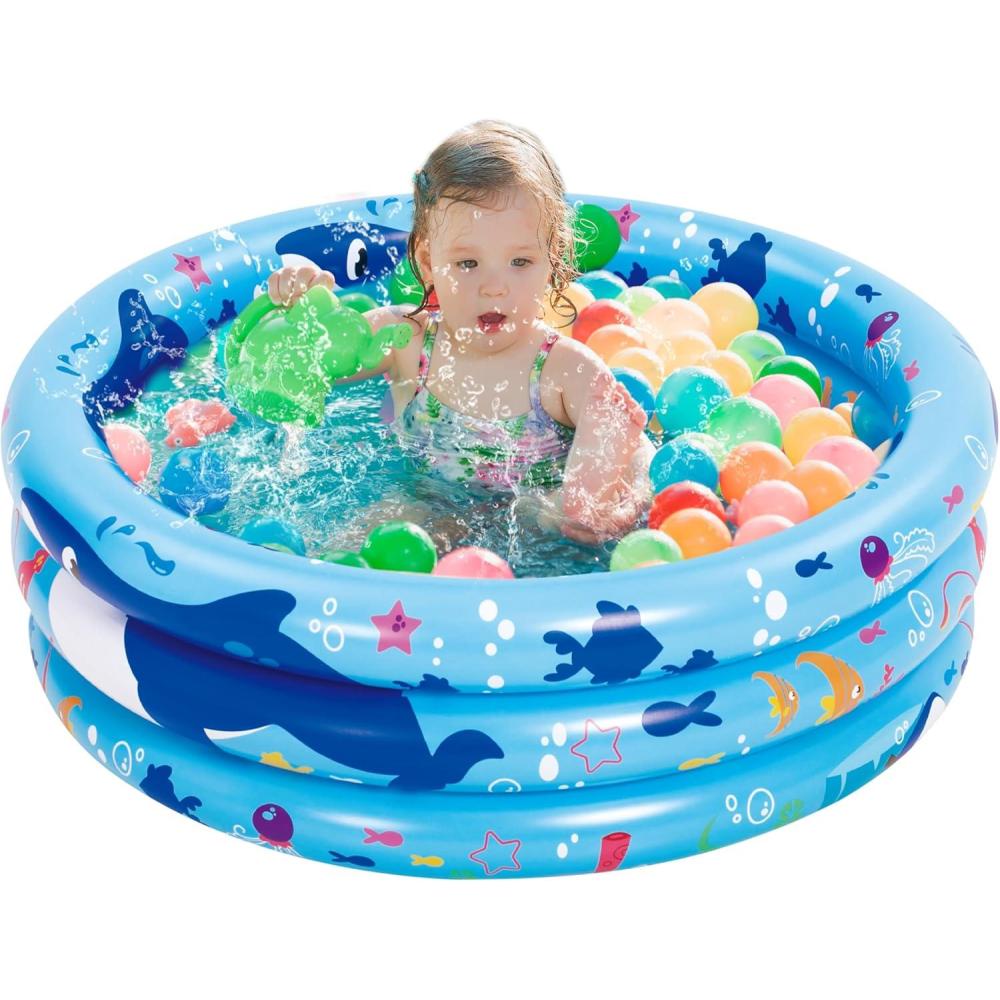 imageSloosh Inflatable Kiddie Pool 34x10 Blow Up Kid Swimming Pool3 Rings Blue Baby Pool for ToddlerPlay Pit for Dog with Geometric Pattern for Summer Water Party Backyard GardenFishWhale