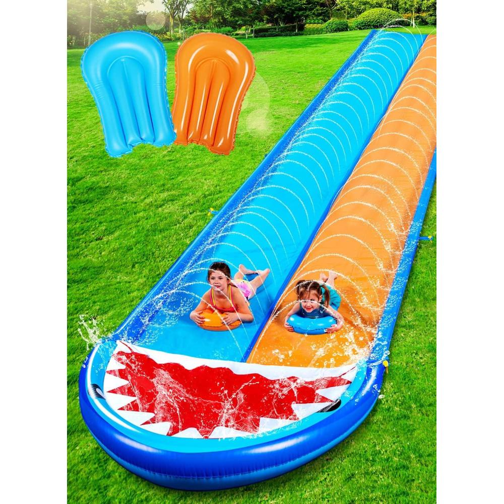 imageSloosh Shark Double Water Slide 225ft Heavy Duty Lawn Water Slip with Sprinkler Slide and 2 Slip Inflatable Boards for Party Summer Yard Lawn Outdoor Play Activities