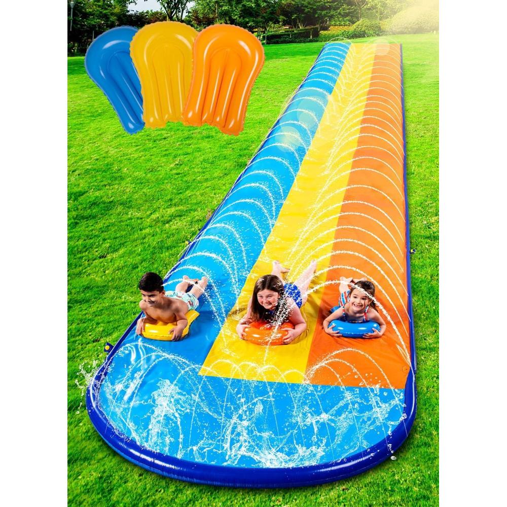 imageSloosh Triple Water Slide with 3 BodyBoards 225FT Lawn Water Slip Splash Pad Slide Summer Toy with Build in Advanced Sprinkler for Kids Adults Backyard Summer Water Fun225FT