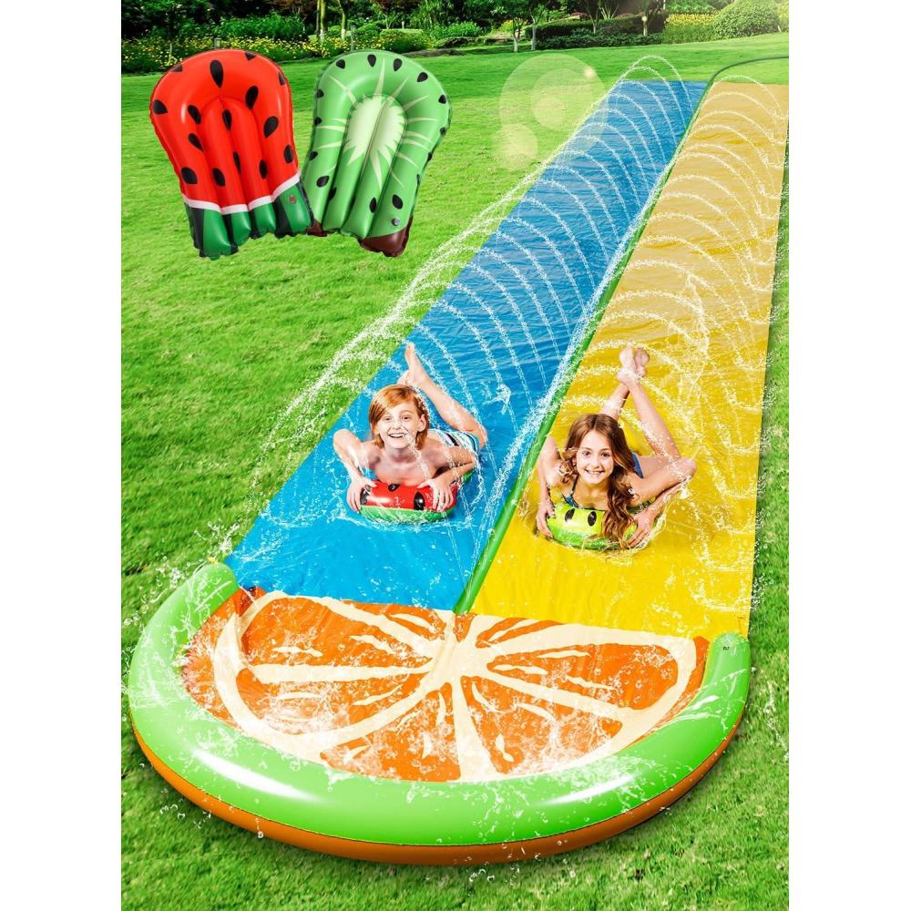 imageSloosh Water Slides with 2 Inflatable Boards225ft Double Lane Splash Slip Lawn Water Slide with Advanced Sprinklers Summer Toy for Kids Adults Fun Backyard Summer Outdoor SharkOrange