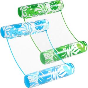 SLOOSH 2 Packs Hammock Pool Floats Adults, 4-in-1 Multi-Purpose Inflatable Pool Floats PVC Water Hammock Lounge Floaties(Tropical Leaves-Blue Green)