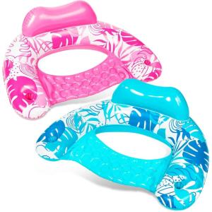 SLOOSH Inflatable Pool Floats Adult,2 Pack Pool Chairs with Cup Holders,Blow up Floats Chair,Hammock Noodle Mat for Relaxing Summer Water Fun Swimming Party Beach(Leaves Design Blue Pink)