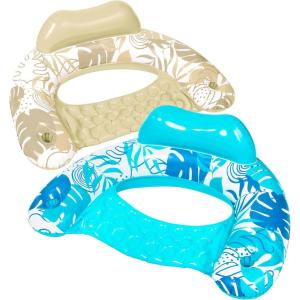 SLOOSH Inflatable Pool Floats Adult,2 Pack Pool Chairs with Cup Holders,Blow up Floats Chair,Hammock Noodle Mat for Relaxing Summer Water Fun Swimming Party Beach(Leaves Design Blue Champagne)