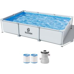 SLOOSH Rectangular Above Ground Pool – 10ft x 6.8ft x 26inch Outdoor Frame Above Ground Swimming Pool Set Kiddie Pool for Kids Adults with Filter Pump