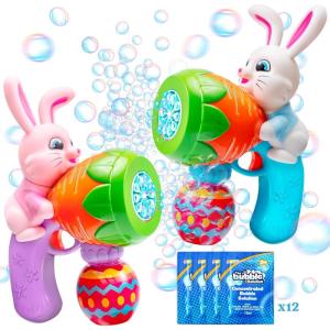 Sloosh 2 Packs Easter Bunny Bubble Gun for Toddlers 3+, Light Up Bunny Bubble Blower with 12 Refill Solution for Kids Ages 4-8, Birthday Party Gifts, Outdoor, Easter