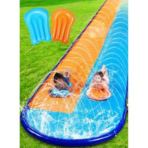 Sloosh 22.5FT Double Water Slides, Heavy Duty Lawn Slide with Sprinkler and 2 Inflatable Boards Backyard Yard Lawn Summer Outdoor Water Toy for Kids Adults(22.5FT)