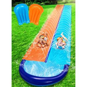 Sloosh 22.5FT Double Water Slides, Heavy Duty Lawn Slide with Sprinkler and 2 Inflatable Boards Backyard Yard Lawn Summer Outdoor Water Toy for Kids Adults(32.5FT)