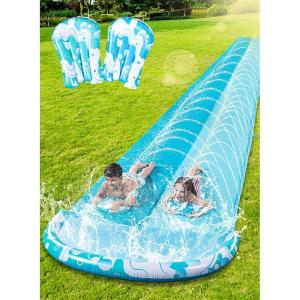 Sloosh 22.5ft Double Water Slide, Heavy Duty Lawn Water Slide with Sprinkler and 2 Slip Inflatable Boards for Summer Yard Lawn Outdoor Water Play Activities,Light Blue