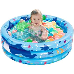 Sloosh Inflatable Kiddie Pool, 34″x10″ Blow Up Kid Swimming Pool,3 Rings Blue Baby Pool for Toddler,Play Pit for Dog with Geometric Pattern for Summer Water Party Backyard Garden(Fish)(Whale)