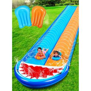 Sloosh Shark Double Water Slide, 22.5ft Heavy Duty Lawn Water Slip with Sprinkler Slide and 2 Slip Inflatable Boards for Party Summer Yard Lawn Outdoor Play Activities