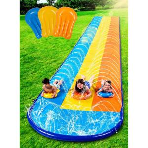 Sloosh Triple Water Slide with 3 BodyBoards, 22.5FT Lawn Water Slip Splash Pad Slide Summer Toy with Build in Advanced Sprinkler for Kids Adults Backyard Summer Water Fun(18FT)