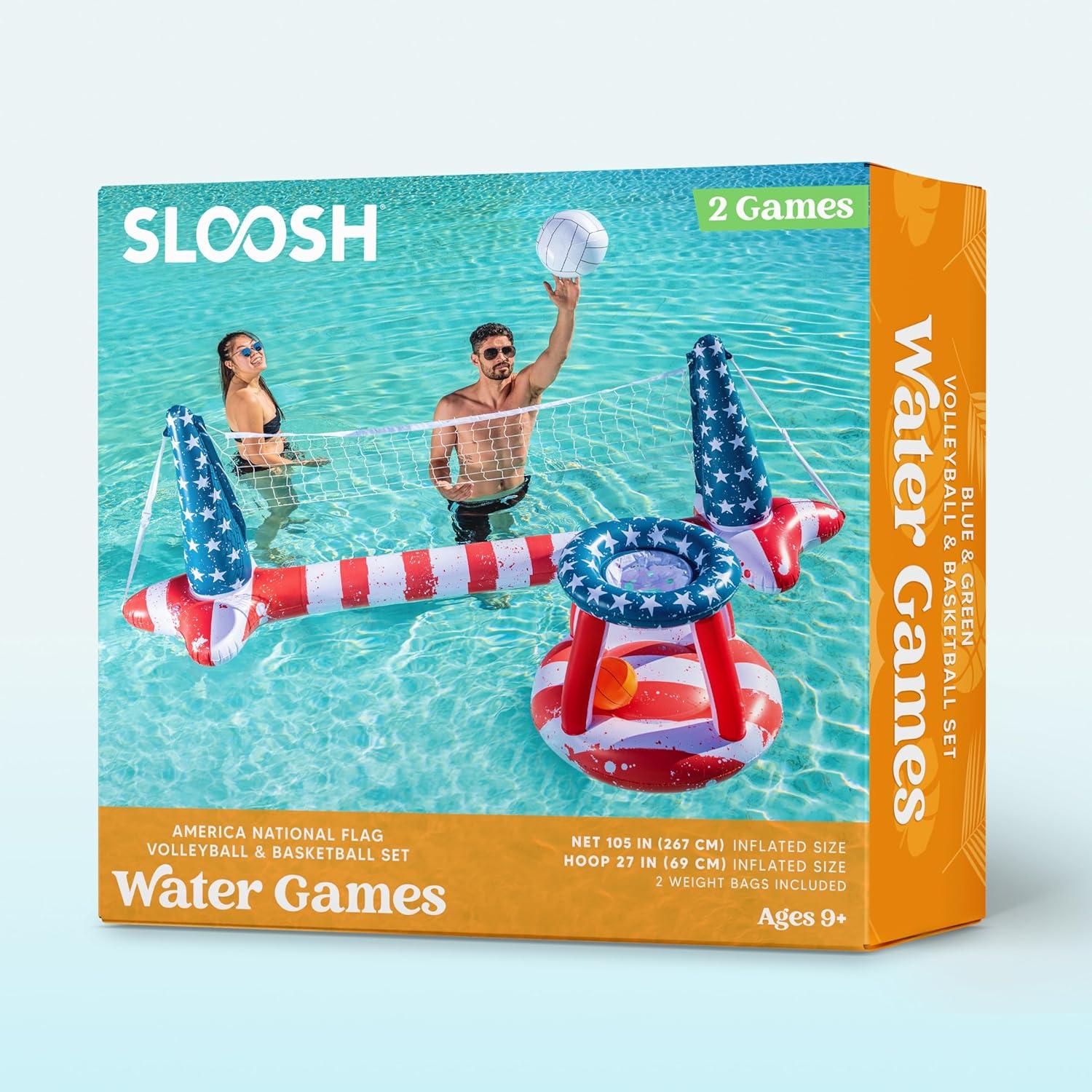 imageInflatable Pool Floats Set American Flag Volleyball Net amp Basketball Hoops Swimming Pool Game Toy for Kids and Adults Floating Volleyball Court 105x35Basketball 27x23 Red White