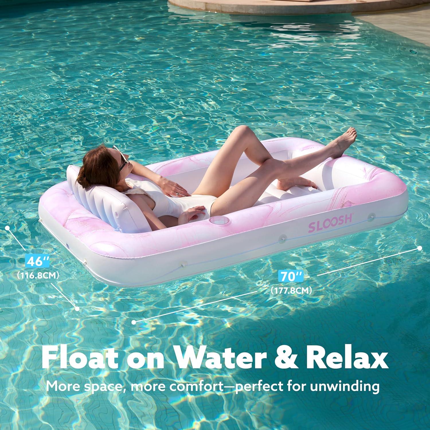 imageSLOOSH Inflatable Tanning Pool Lounger Float 70 x 46 Pool Floats Adult with Pillow 4 in 1 Suntan Tub Raft FloatieSunbathing Bed Lounge for Water Blow Up Ball Pit Party GiftsPink Marble