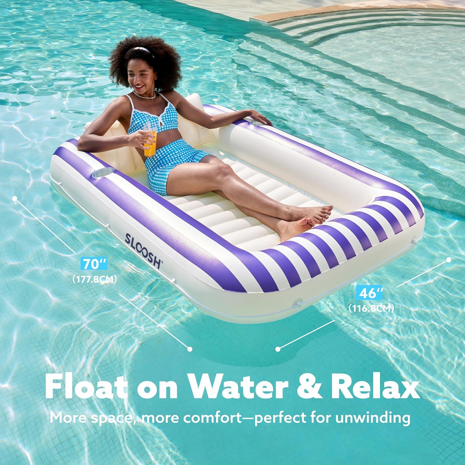 imageSLOOSH Inflatable Tanning Pool Lounger Float 70 x 46 Pool Floats Adult with Pillow 4 in 1 Suntan Tub Raft FloatieSunbathing Bed Lounge for Water Blow Up Ball Pit Party GiftsNavyblue Stripe