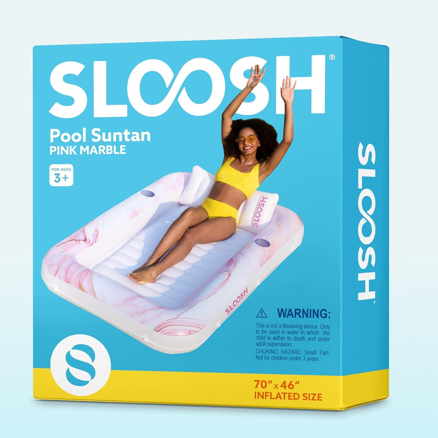 imageSLOOSH Inflatable Tanning Pool Lounger Float 70 x 46 Pool Floats Adult with Pillow 4 in 1 Suntan Tub Raft FloatieSunbathing Bed Lounge for Water Blow Up Ball Pit Party GiftsPink Marble