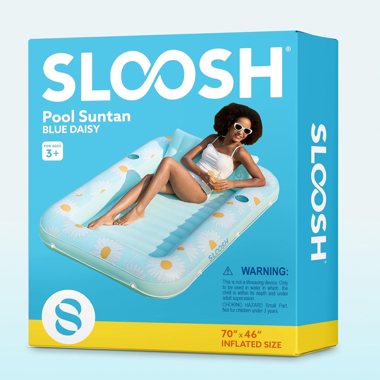 imageSLOOSH Inflatable Tanning Pool Lounger Float 70 x 46 Pool Floats Adult with Pillow 4 in 1 Suntan Tub Raft FloatieSunbathing Bed Lounge for Water Blow Up Ball Pit Party GiftsBlue Daisy