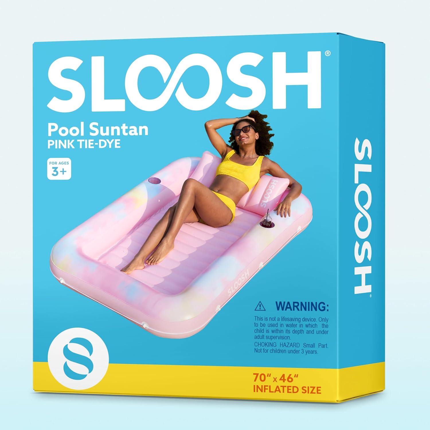 imageSLOOSH Inflatable Tanning Pool Lounger Float 70 x 46 Pool Floats Adult with Pillow 4 in 1 Suntan Tub Raft FloatieSunbathing Bed Lounge for Water Blow Up Ball Pit Party GiftsPink Tiedye