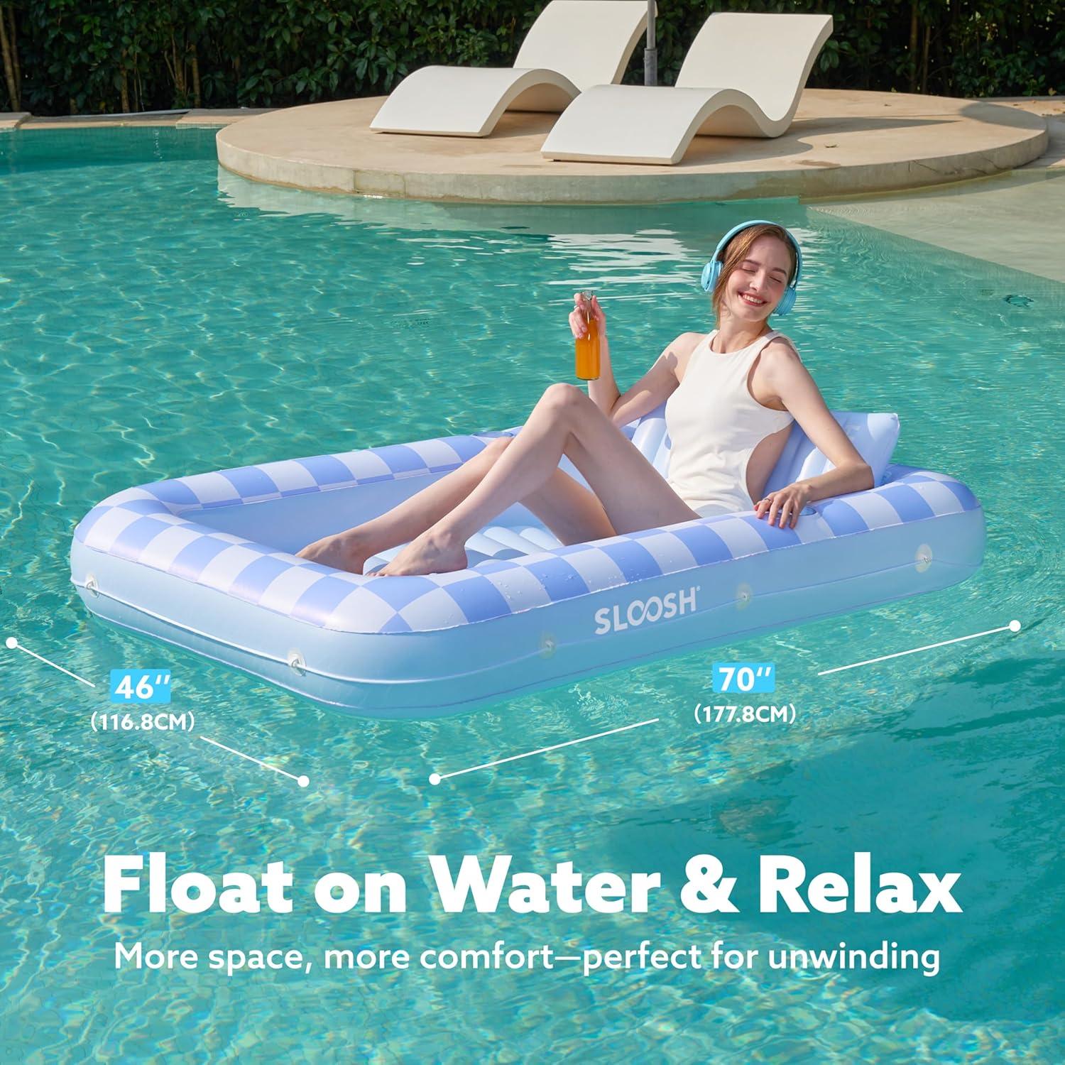 imageSLOOSH Inflatable Tanning Pool Lounger Float 70 x 46 Pool Floats Adult with Pillow 4 in 1 Suntan Tub Raft FloatieSunbathing Bed Lounge for Water Blow Up Ball Pit Party GiftsBlue Checker