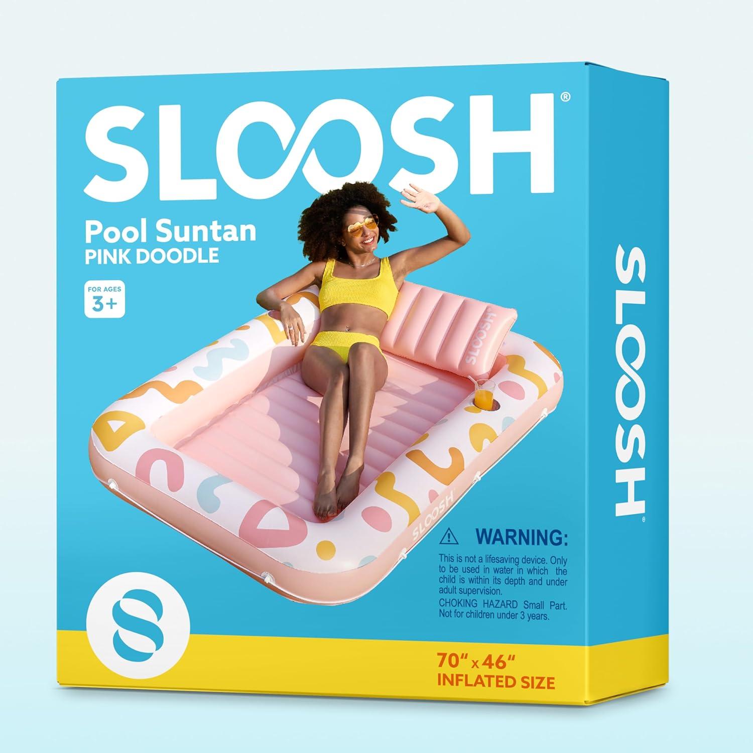 imageSLOOSH Inflatable Tanning Pool Lounger Float 70 x 46 Pool Floats Adult with Pillow 4 in 1 Suntan Tub Raft FloatieSunbathing Bed Lounge for Water Blow Up Ball Pit Party GiftsPink Doodle