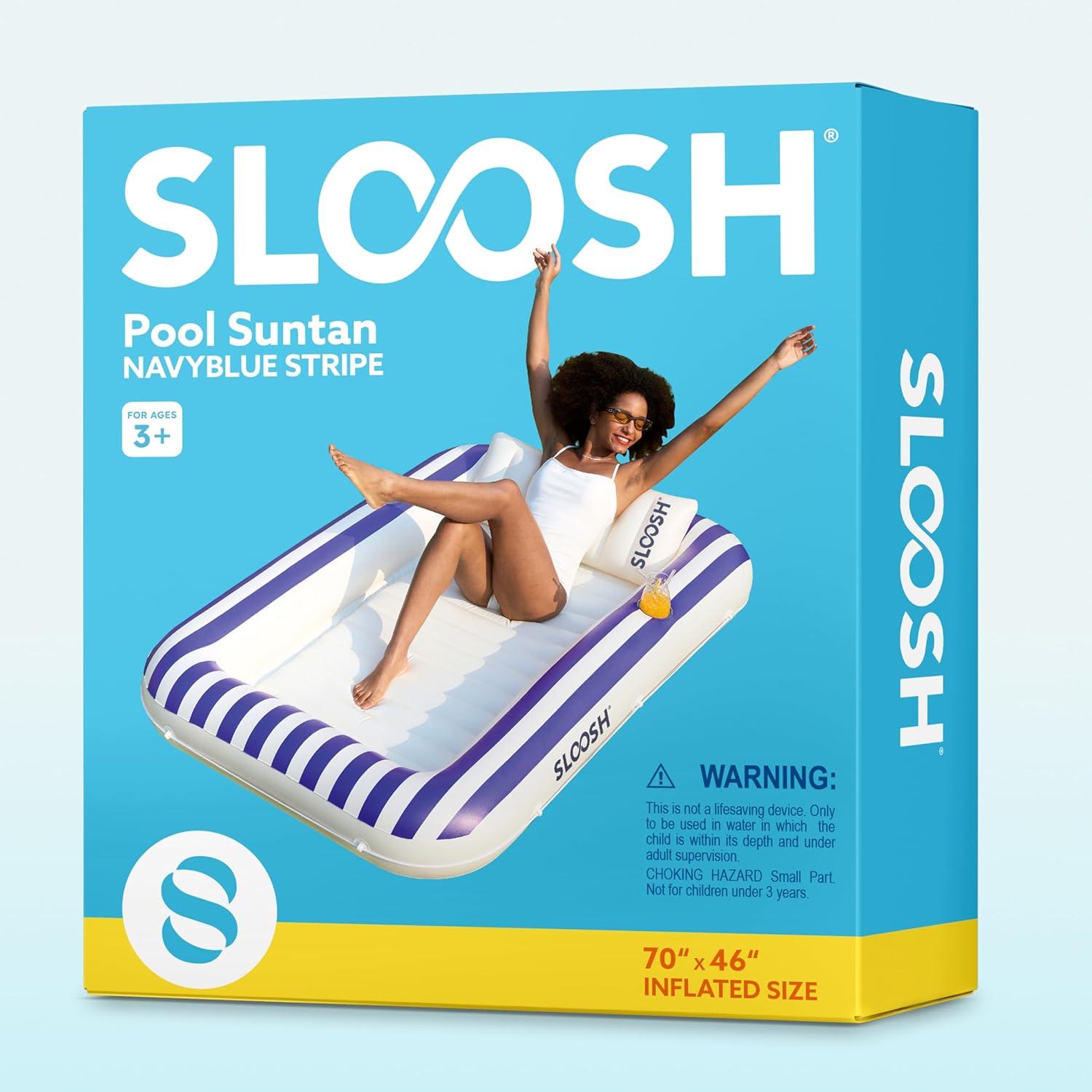 imageSLOOSH Inflatable Tanning Pool Lounger Float 70 x 46 Pool Floats Adult with Pillow 4 in 1 Suntan Tub Raft FloatieSunbathing Bed Lounge for Water Blow Up Ball Pit Party GiftsNavyblue Stripe
