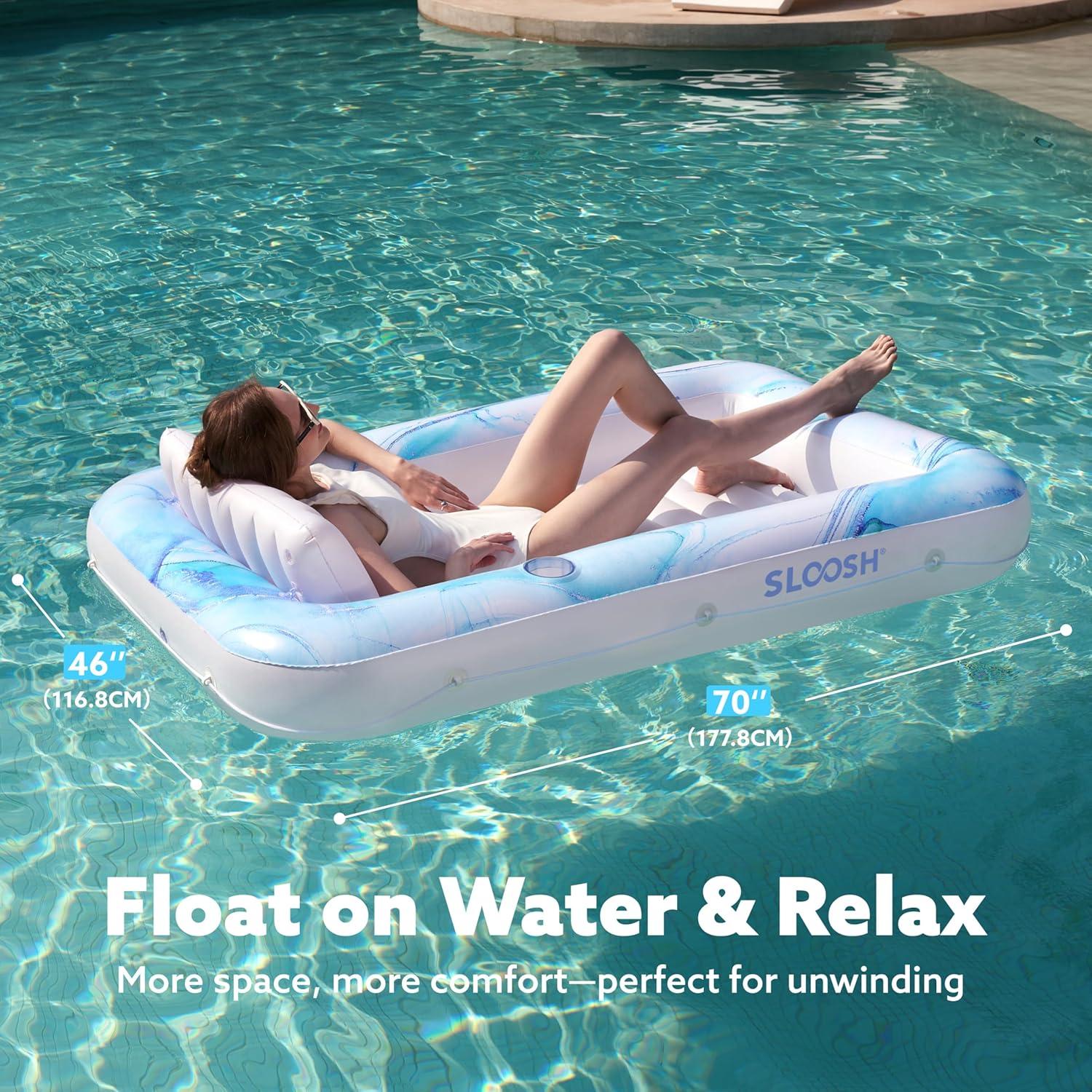 imageSLOOSH Inflatable Tanning Pool Lounger Float 70 x 46 Pool Floats Adult with Pillow 4 in 1 Suntan Tub Raft FloatieSunbathing Bed Lounge for Water Blow Up Ball Pit Party GiftsBlue Marble