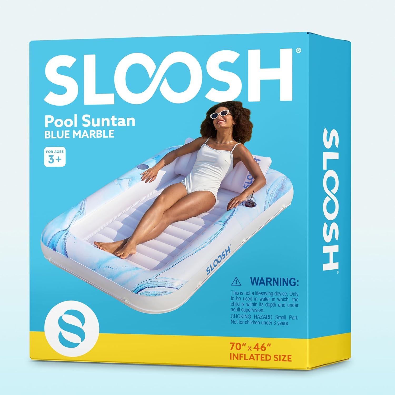 imageSLOOSH Inflatable Tanning Pool Lounger Float 70 x 46 Pool Floats Adult with Pillow 4 in 1 Suntan Tub Raft FloatieSunbathing Bed Lounge for Water Blow Up Ball Pit Party GiftsBlue Marble