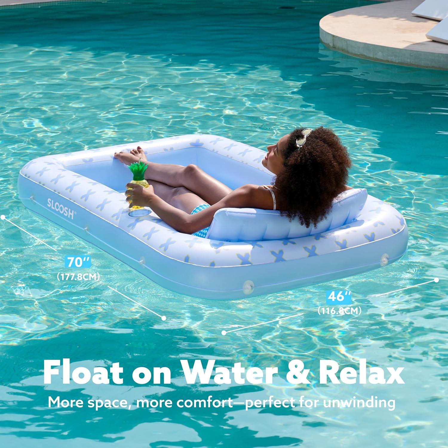 imageSLOOSH Inflatable Tanning Pool Lounger Float 70 x 46 Pool Floats Adult with Pillow 4 in 1 Suntan Tub Raft FloatieSunbathing Bed Lounge for Water Blow Up Ball Pit Party GiftsBlue Breezestar