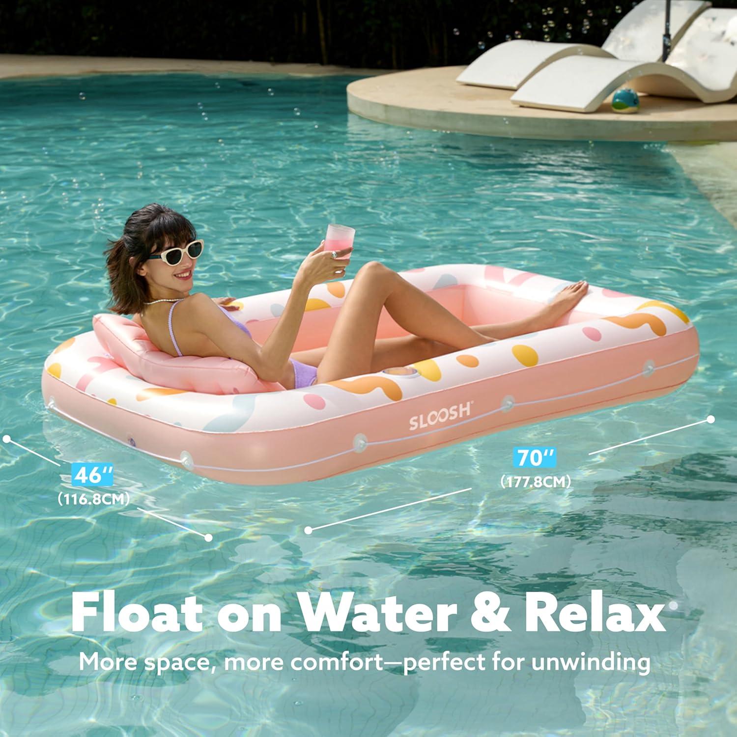 imageSLOOSH Inflatable Tanning Pool Lounger Float 70 x 46 Pool Floats Adult with Pillow 4 in 1 Suntan Tub Raft FloatieSunbathing Bed Lounge for Water Blow Up Ball Pit Party GiftsPink Doodle