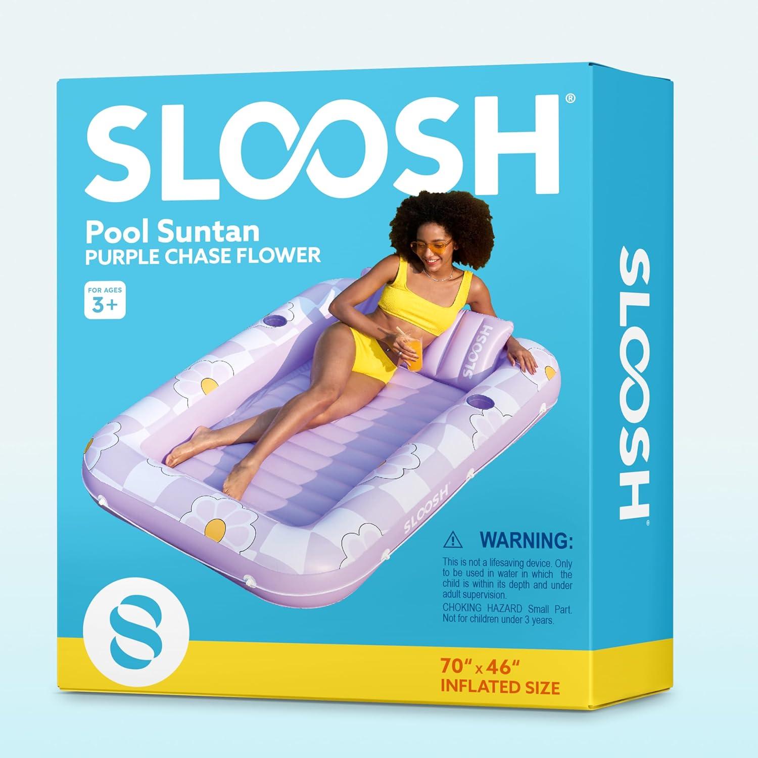 imageSLOOSH Inflatable Tanning Pool Lounger Float 70 x 46 Pool Floats Adult with Pillow 4 in 1 Suntan Tub Raft FloatieSunbathing Bed Lounge for Water Blow Up Ball Pit Party GiftsPurple Chase Flower