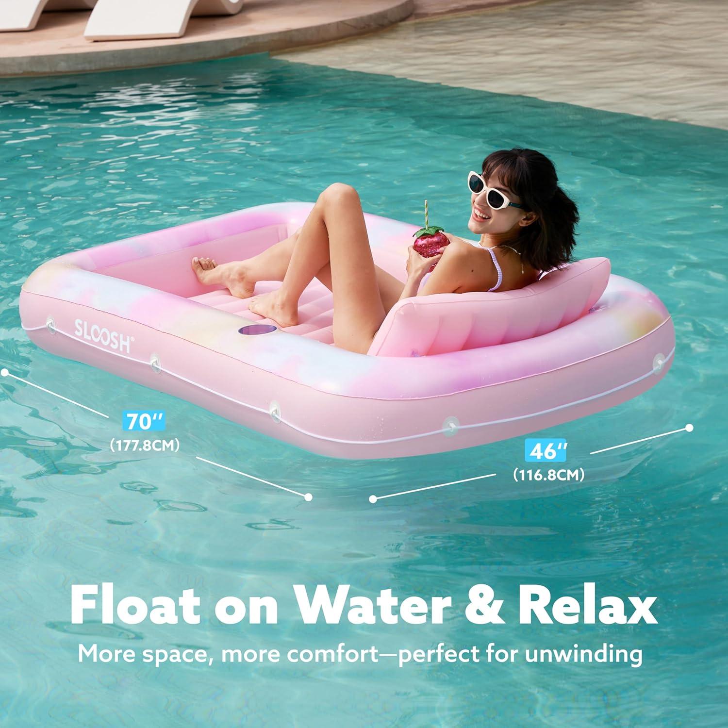 imageSLOOSH Inflatable Tanning Pool Lounger Float 70 x 46 Pool Floats Adult with Pillow 4 in 1 Suntan Tub Raft FloatieSunbathing Bed Lounge for Water Blow Up Ball Pit Party GiftsPink Tiedye