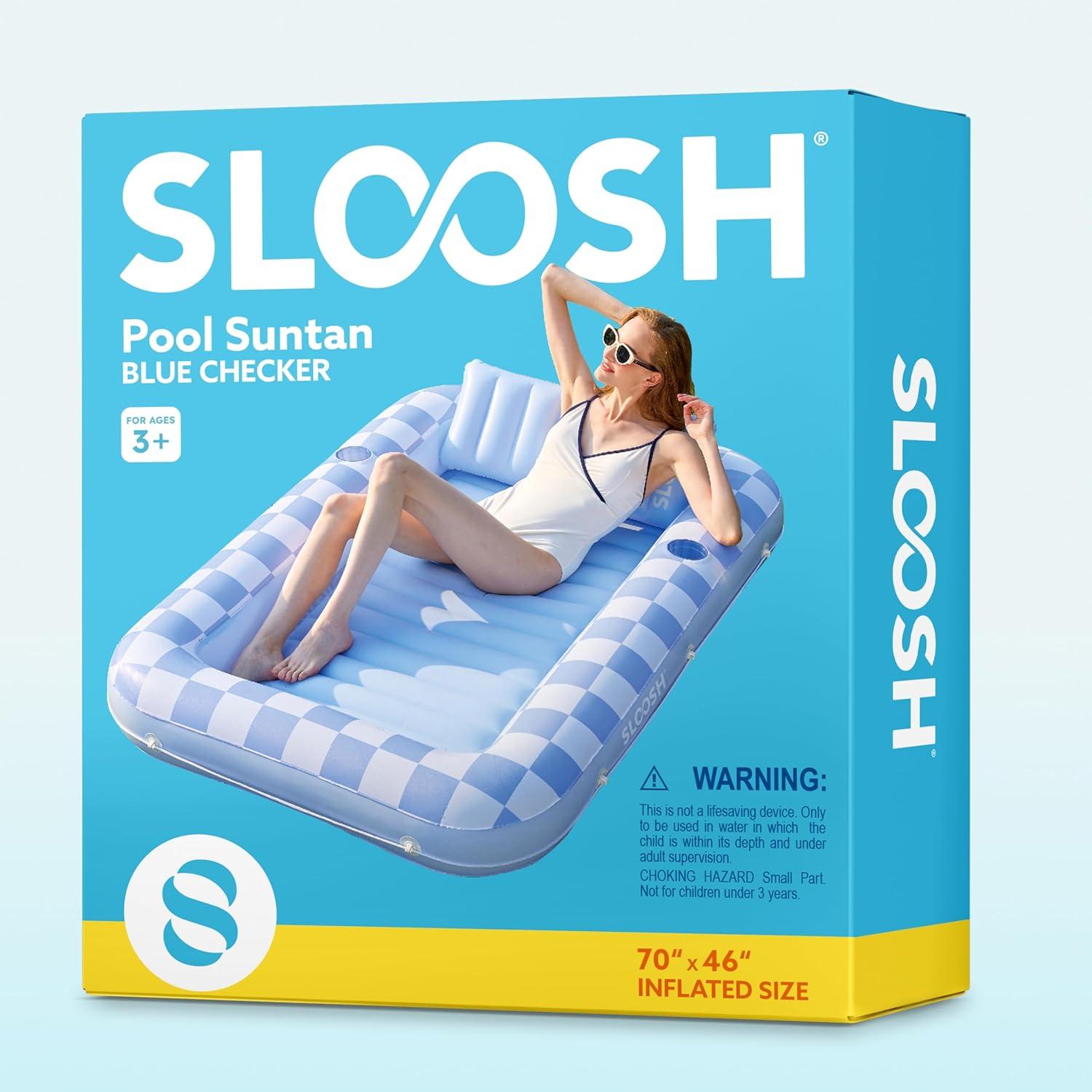 imageSLOOSH Inflatable Tanning Pool Lounger Float 70 x 46 Pool Floats Adult with Pillow 4 in 1 Suntan Tub Raft FloatieSunbathing Bed Lounge for Water Blow Up Ball Pit Party GiftsBlue Checker