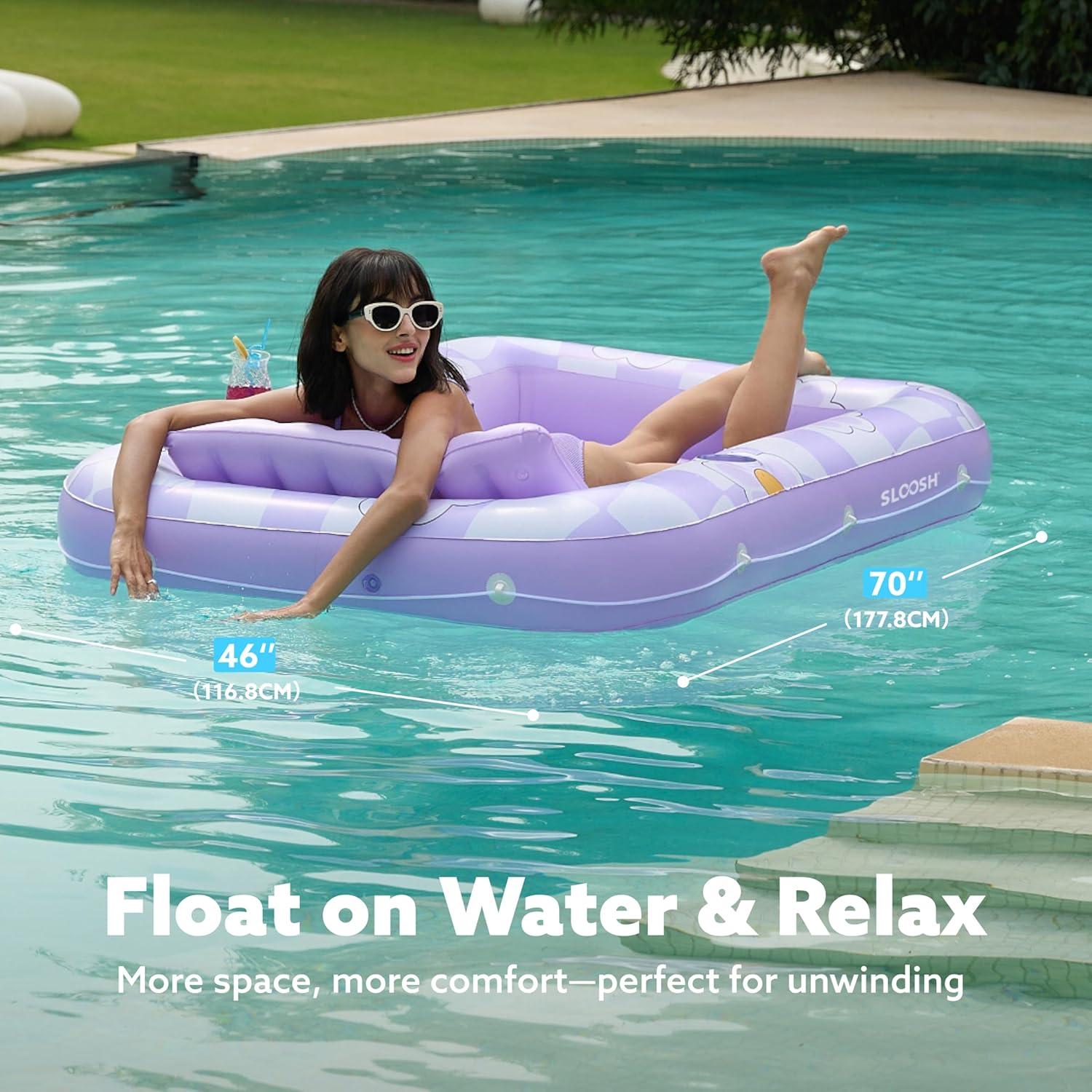 imageSLOOSH Inflatable Tanning Pool Lounger Float 70 x 46 Pool Floats Adult with Pillow 4 in 1 Suntan Tub Raft FloatieSunbathing Bed Lounge for Water Blow Up Ball Pit Party GiftsPurple Chase Flower