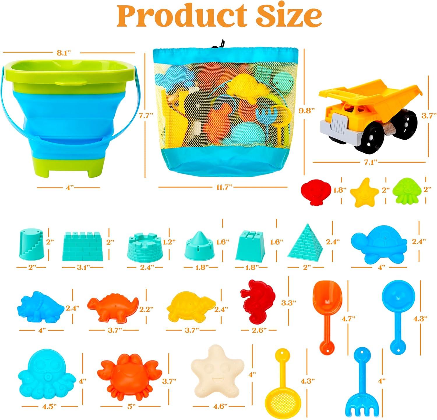 imageSloosh Beach Sand Toys Set Dump Truck Car Toy with Sand Molds for Toddlers Outdoor Play Collapsible Foldable Buckets Mesh Bag Shovels Castle Animal Mold Sets Kids Ages Sandbox Toys AnimalsAnimals