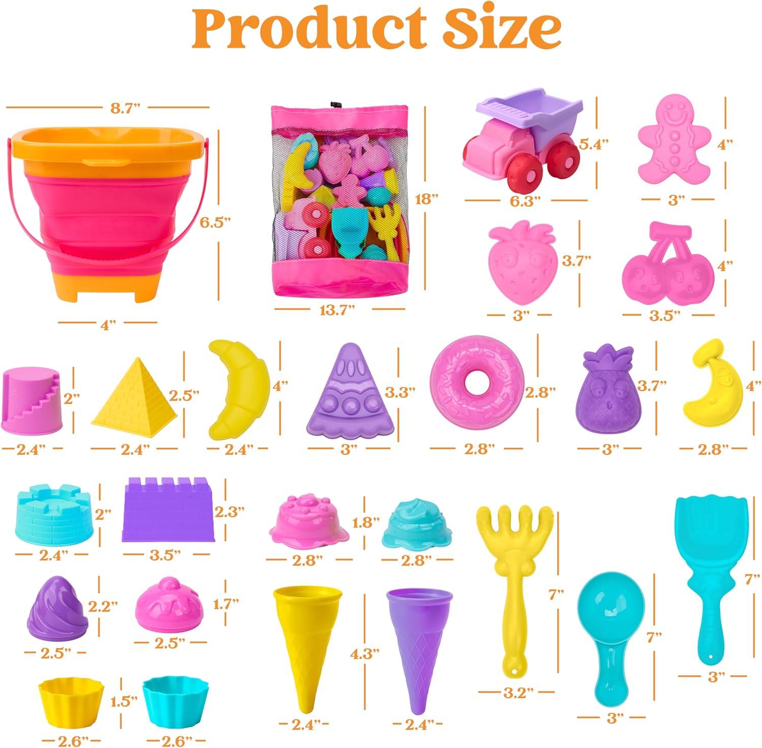 imageSloosh Beach Sand Toys Set Dump Truck Car Toy with Sand Molds for Toddlers Outdoor Play Collapsible Foldable Buckets Mesh Bag Shovels Castle Animal Mold Sets Kids Ages Sandbox Toys AnimalsFoods