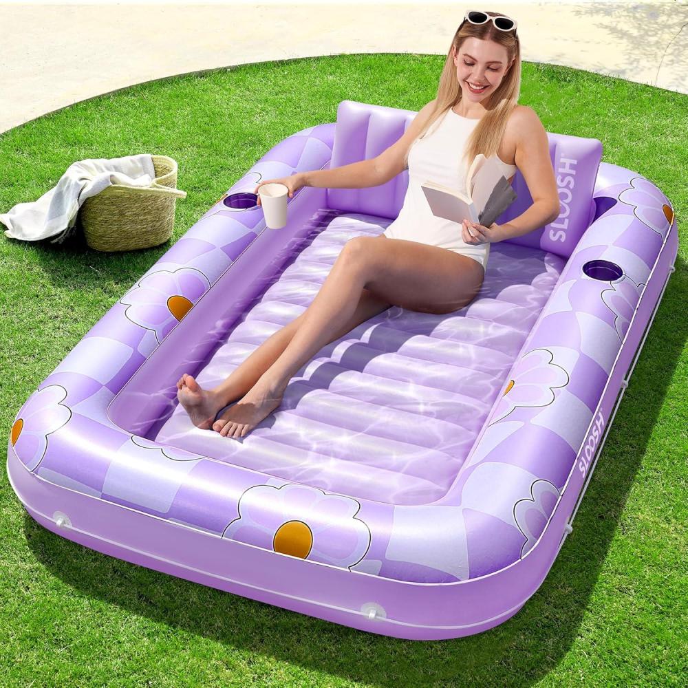 imageSLOOSH Inflatable Tanning Pool Lounger Float 70 x 46 Pool Floats Adult with Pillow 4 in 1 Suntan Tub Raft FloatieSunbathing Bed Lounge for Water Blow Up Ball Pit Party GiftsPurple Chase Flower